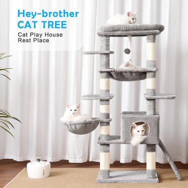 Котячий комплекс Hey-brother 150 см з великою сидячою платформою і гамаком, багаторівнева когтеточка з сизалем для домашніх котів, світло-сірий