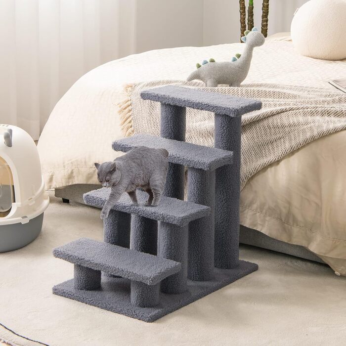 Сходи для котів і собак COSTWAY, 4 ступені, дерев'яні, до 25 кг, 61x41x60 см, сіра, для домашніх тварин