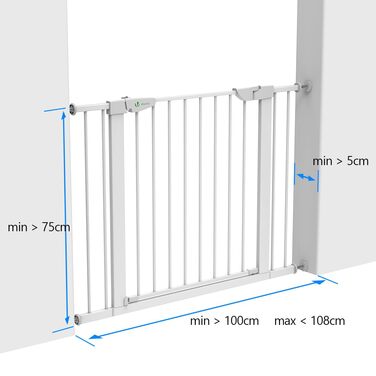 Захист для сходів Vounot без свердління, 75-108 см, для дітей, собак та котів, автоматичне закриття, магнітний замок, 90° фіксація, білий (2x подовжувач)
