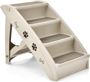 Сходинки для тварин GYMAX: 4 сходинки, складна конструкція, пластик, антиковзкі підкладки, килимки, для котів та собак (Бежевий)