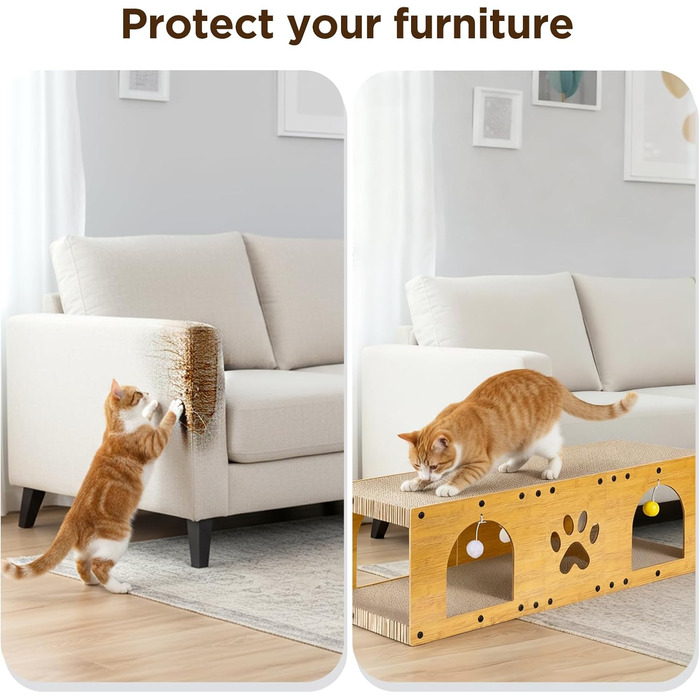 Кігтеточка Gimars для котів 100x30x30 см з м'ячем, тунелем та картонною поверхнею. Великий дім-будка XXL для котів, захист меблів.