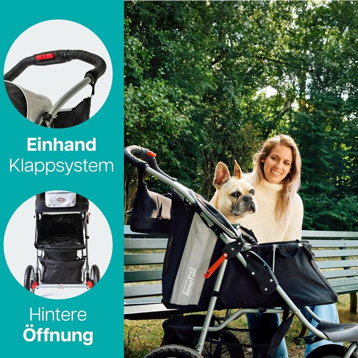 Візок для собак Innopet Comfort Air Eco чорного та срібного кольору – візок для собак/кішок з 30 см повітряними колесами, складаний, для лісових доріжок, світловідбиваючі смуги, органайзер, матеріал з переробленого нейлону