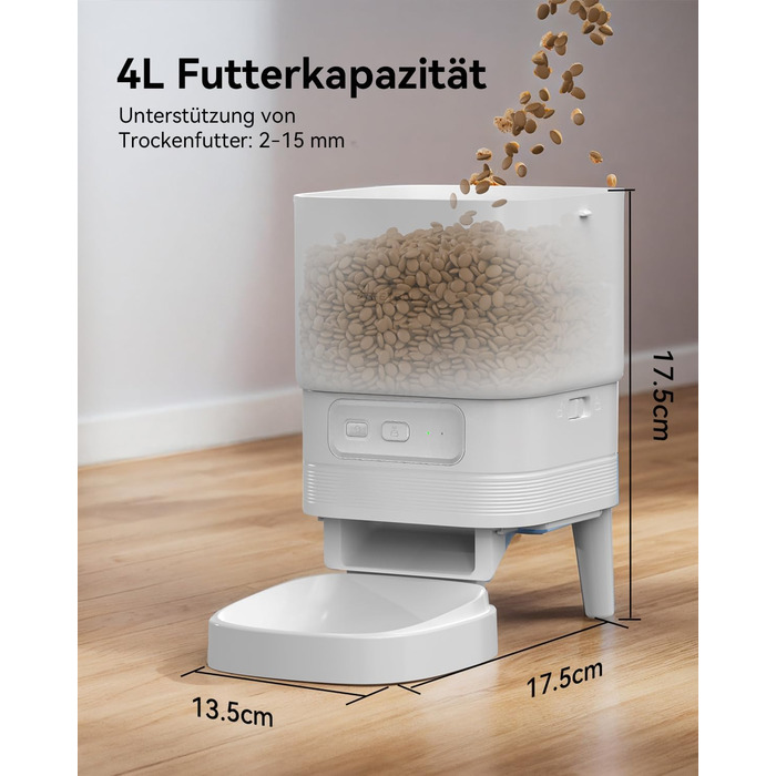 Автоматичний годівник для котів з Wi-Fi, 4L, керування через додаток, 10s запис голосу, для котів та собак (білий)