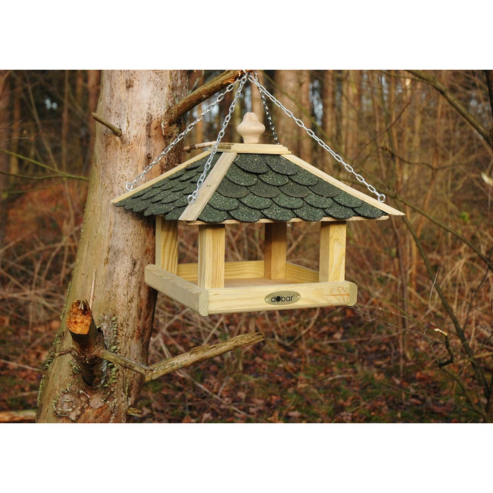 Годівниця для птахів Dobar® 44256e з масивного дерева з бітумним дахом, для саду, тераси, балкону, 39 x 39 x 30 см, зелена