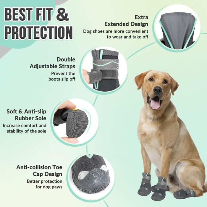Чоботи для собак SlowTon, захист лап, 4 шт. Дихаючі собачі чоботи для активного відпочинку на вулиці з неслизькою підошвою, регульованою застібкою-липучкою, відбиваючими елементами. Підходять для собак маленьких, середніх та великих порід. Колір: Чорний. 