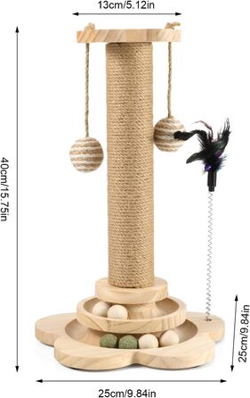 Котячий когтетоп Newofview: когтетоп-стійка 40 см з іграшками, м'ячиком, обертовим диском, пір'ям та мотузкою з сизалю