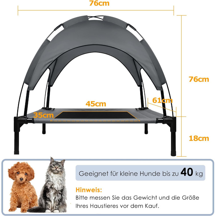 Підвищене ліжко для собак UISEBER 92x76x92 см, Outdoor з дахом, для великих собак до 50 кг, водонепроникне, сіре + чорне