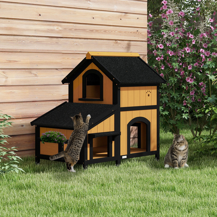 PawHut Cat House, Ялинове дерево, Котячий будинок з кількома входами, 2 поверхи, Котяча печера для вулиці, Невеликий будинок для тварин з асфальтовим дахом, Коробка для квітів, Зимостійкий, Рельєфний дизайн, Жовтий, 96 x 65 x 85,5 см | Аосом