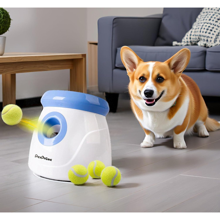 Автоматична машинка для запуску м'ячів Pet Prime для собак, інтерактивна іграшка-ланчер з 3 тенісними м'ячами, дистанція кидка 3-9 м, для малих та середніх порід (білий/синій)