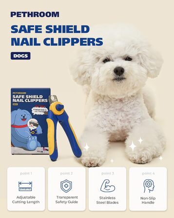 Професійний обрізач кігтів для собак PETHROOM з прозорим захистом та пилкою, регульована довжина зрізу, нержавіюча сталь, преміум-якість