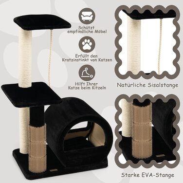 Дряпка для котів COSTWAY 92 см з будиночком, дряпальною дошкою, щіткою, м'ячиком та плюшевим сидінням. Кліматичний комплекс для котів, чорний