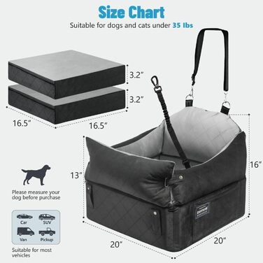 Автокрісло для собак EASTBLUE Medium: чорний/сірий, Memory Foam, з ременем безпеки, для собак до 15.9 кг