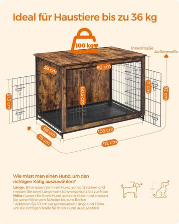 Клітка для собак Feandrea з журнальним столиком, вінтажний коричневий, 112 x 75 x 82 см, до 36 кг