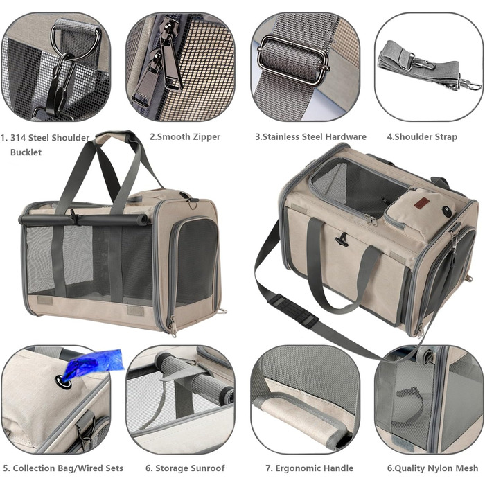 Сумка-переноска для собак та котів, велика, з м'якими боковинами, дихаюча, з сонцезахистом, для подорожей (Хакі)