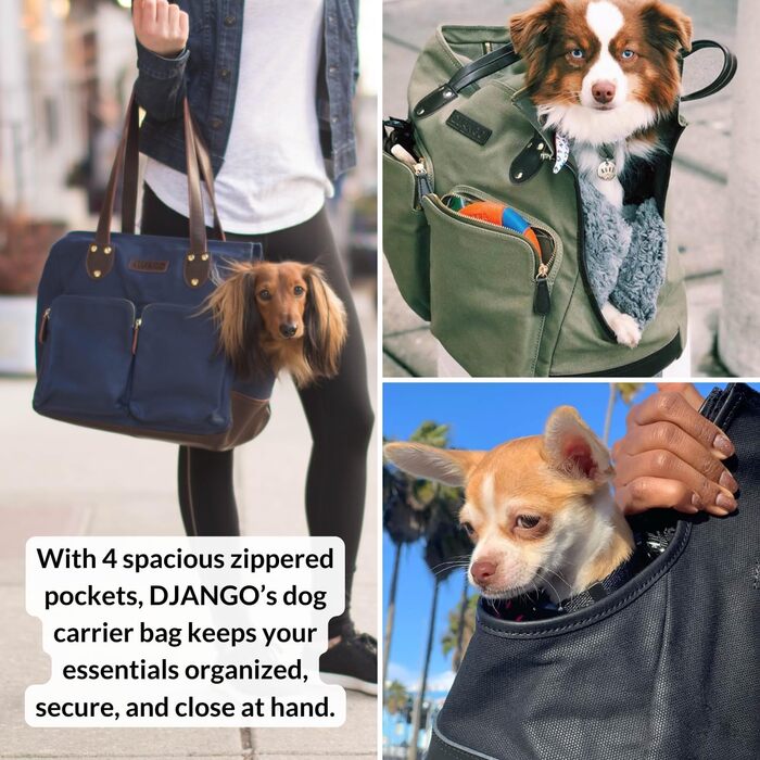 Сумка-переноска для собак DJANGO - велика, waxed canvas та шкіра, з кріпленням-поводком та кишенями на блискавці (marineblau)