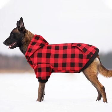 Пуловер для собак, червоний, в клітинку Buffalo Plaid, теплий та м'який, дихаючий, зручний, з капюшоном, для великих собак, з кишенею (XXL)