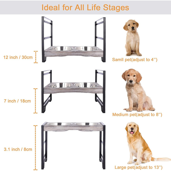 Підвищена годівниця для собак Satauko з 3 рівнями регулювання, дерев'яна годівниця для великих собак з двома мисками з нержавіючої сталі, протиковзна годівниця, миска для води та їжі. Сіра