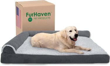 Ліжко для собак Furhaven XXL з ортопедичним матрацом Memory Foam, двоколірний штучний хутро та замша, Г-подібний диван, знімний і праний чохол, сірий, розмір Jumbo Plus (XXL)