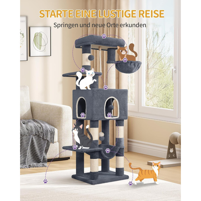 Дерево для котів Hzuaneri Kratzbaum 149 см з 5 стовпчиками для шліфування, платформами, печереєю, багатоярусне котяче ігрове дерево, помпонами, MS14918LG (темно-сірий)