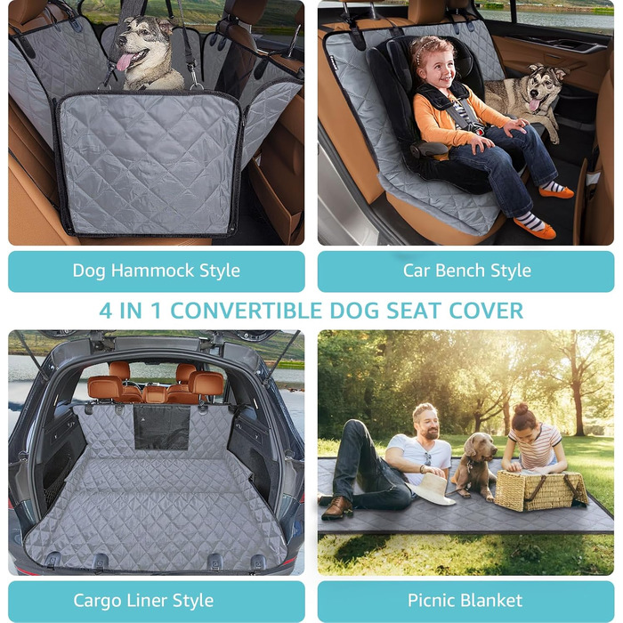 Гамак для собак у машину | Сітка на вікно та ремінь безпеки | 100% водонепроникний чохол на заднє сидіння для собак, безпечні поїздки з захистом бокових дверей | Нековзний, стійкий до подряпин, сірий стандартний чохол на заднє сидіння