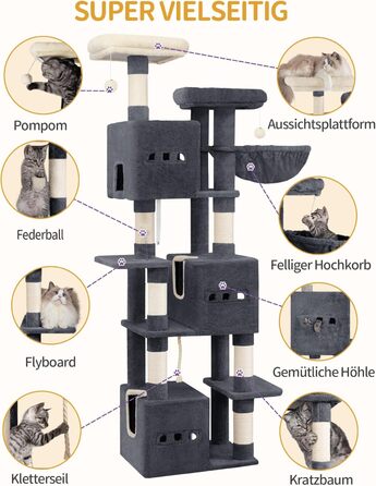 Великий котячий будиночок-кліматизатор, 193 см, XXL, з 7 стовпчиками для шліфування, 3 будиночками, 2 платформами, 2 плюшевими кульками, корзиною, мотузкою для лазіння, багатоповерховий, MS19218LG (темно-сірий)