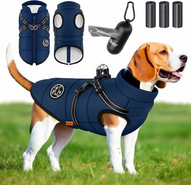 LOVPET® Зимова куртка для собак 4XL, водонепроникна, утеплена, з вбудованим шлейкою, рефлекторами та D-кільцем, темно-синя, у комплекті 45 пакетів для прибирання та диспенсер