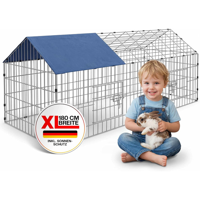 Вольєр для кроликів CADOCA® 180x75x75 см з дахом та захистом від сонця, для саду та дрібних тварин (синій)