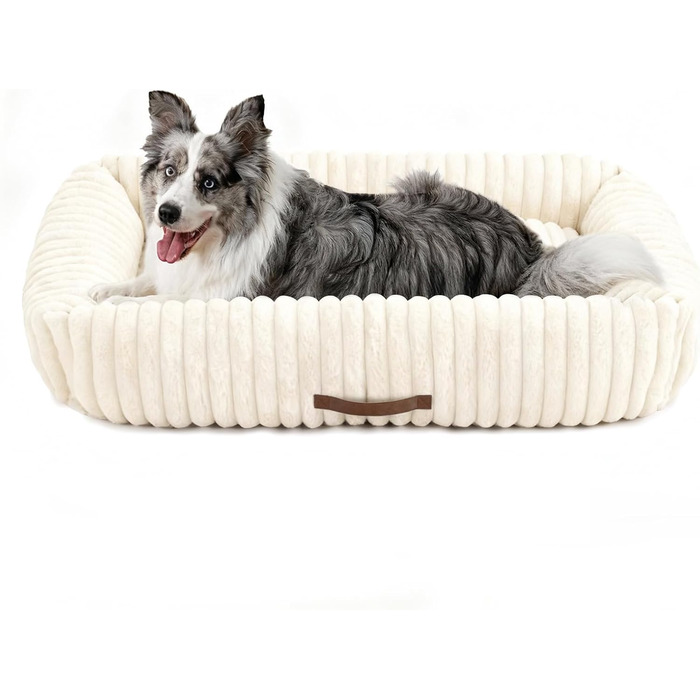 Ортопедичний лежак для собак великих порід, лежанка для собак XL, з м'якою подушкою для шиї, знімний та пральний килимок, з ручками (Бежевий, 109 * 76 * 20 см)