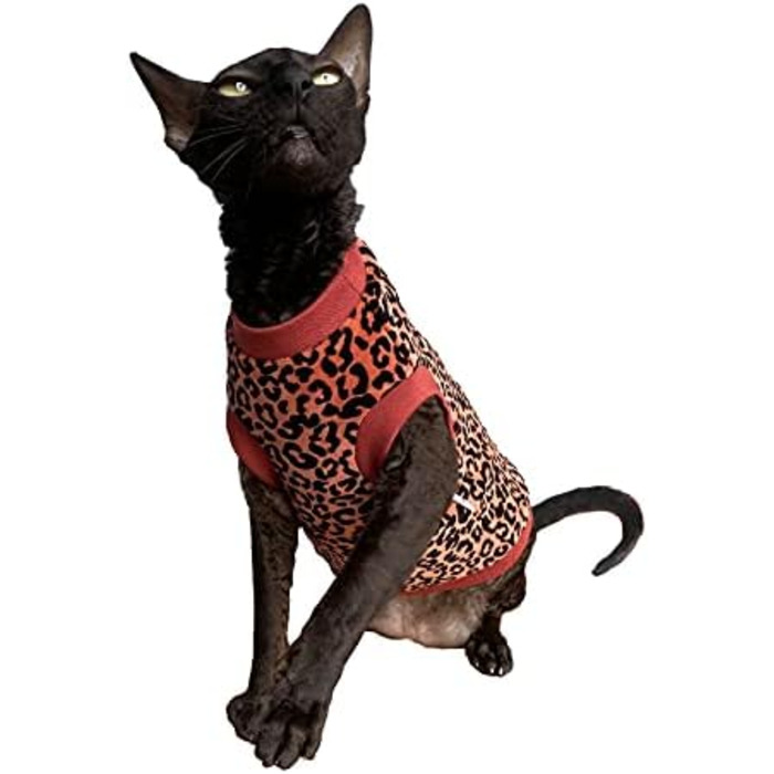 Футболка для кота Сфінкс з органічної велюрової тканини з леопардовим принтом (L), червона