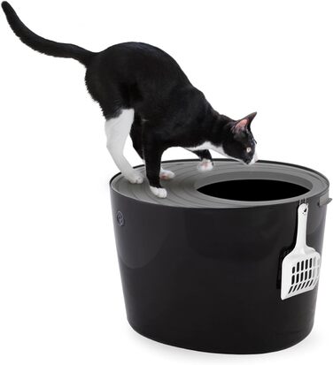 Котячий туалет Iris Ohyama XXL з кришкою, чорний/сірий, для великих котів і кошенят, BPA-вільний, легке очищення, закритий, до 7 кг, зі совком, PUNT-530