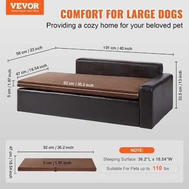 Диван для великих собак і котів VEVOR, шкіряний, до 50 кг, 101x58,5x33,5 см
