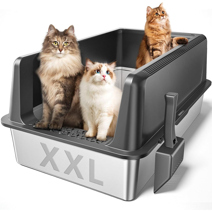 Zarler XXL туалет для котів із нержавіючої сталі з кришкою, велика котяча туалетна коробка 70,6×50,8×32,8 см, металева з високим бортом, для кількох котів, сіра