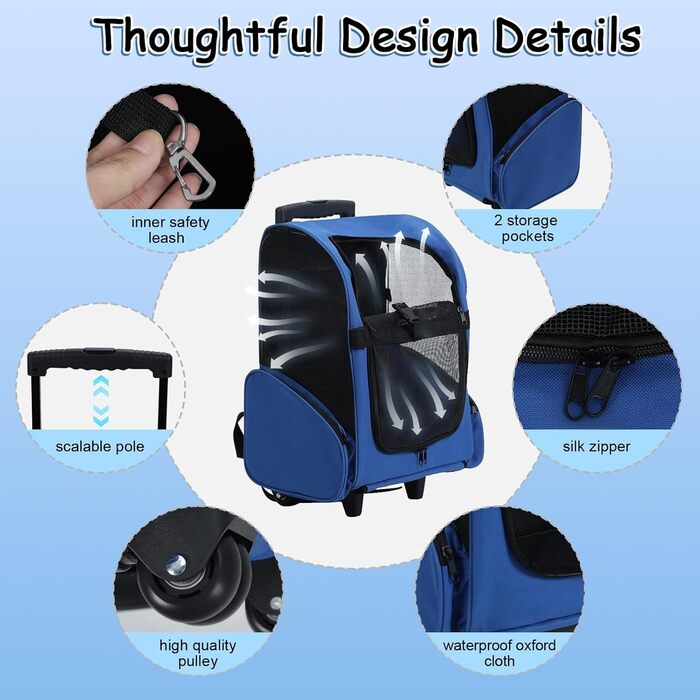 Роликова переноска для домашніх тварин, рюкзак для собак з телескопічною ручкою та кишенями, переноска для собак для маленьких тварин, 42x26x55 см, регульована ручка, оксфордська тканина, Королівський синій