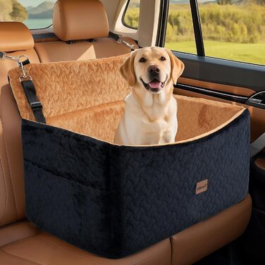 Автокрісло для собак великих та середніх порід до 27,2 кг – З піднятою передньою частиною (35,6 см), подушка з Memory Foam, знімний чохол (чорний/коричневий)