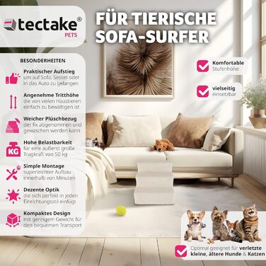 Сходинка для тварин tectake®: для собак та котів, допомога у підйом, знімний чохол, плоскі сходинки, для дивану, ліжка, авто (7 x 45 x 4,5 см)