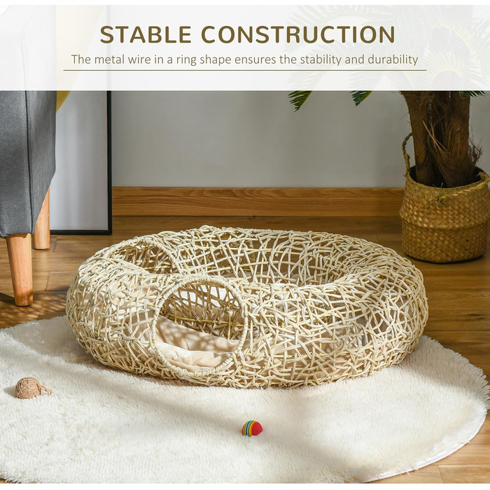 PawHut Корінь для котів з ротангу, 78x69x22 см, з м'яким подушкою, 3 входи, тунель для котів, натуральне дерево