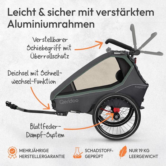 Qeridoo Kidgoo 2: Причіп для велосипеда на 2 дітей з підвіскою та ARS, коляска-візок, дитячий велопричіп, вантажний відсік 45L, Ivy Green