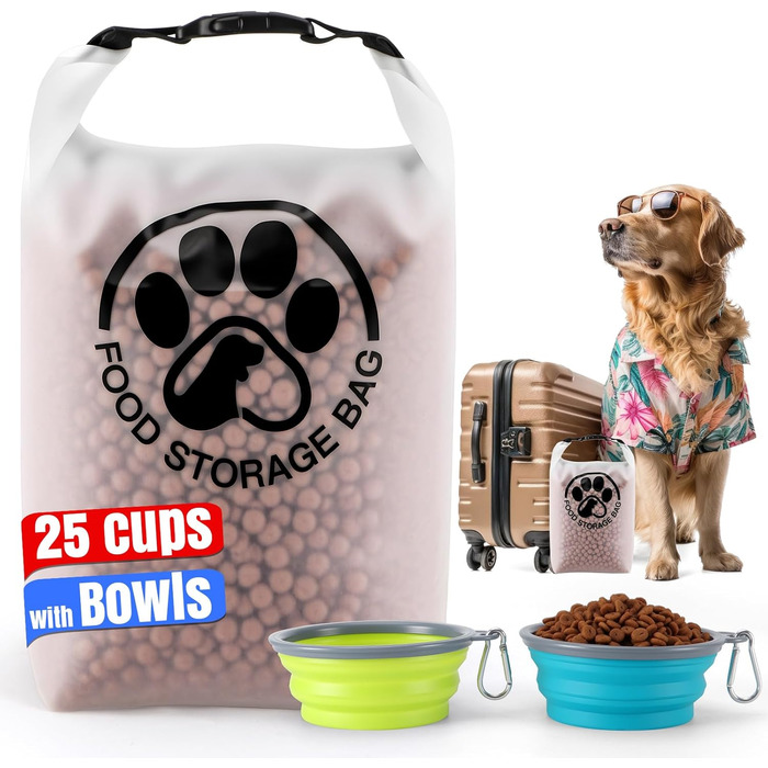Контейнер для корму для тварин на 25 порцій з 2 складеними мисками для подорожей – прозорий, з водонепроникним закриттям, зберігає сухий корм свіжим для кемпінгу