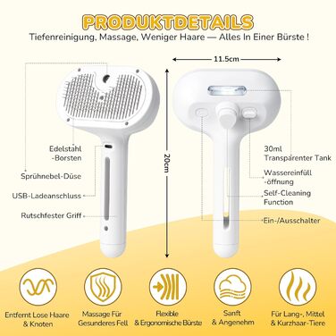 Щітка для котів з парою, для вичісування підшерстка, акумуляторна, з функцією розпилення, для котів та собак з довгою та короткою шерстю, самоочисна, масажна, біла
