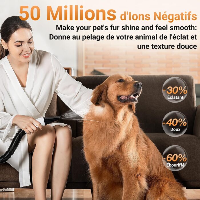 Фен для собак P40, тихий (40 дБ), 3 насадки, регулювання швидкості та температури, іонізація, портативний, для собак та котів, чорний