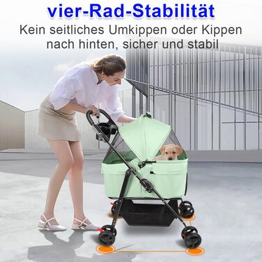 Візок для собак і котів OHMG, розкладний, до 20 кг, з гальмами, великий кошик, 3 вікна, тримач для напоїв, зелений (50 x 65 x 99 см)