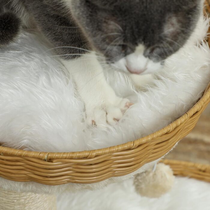 Дряпак-когтеточка для котів PawHut 75,5 см, з двома лежаками з ротангу, стовпчиками для дряпання, м'якими знімними подушками та іграшковим м'ячем, бежевий