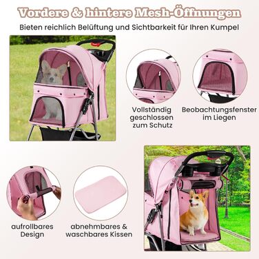 Візок для тварин GYMAX: розкладний, для котів та собак до 15 кг, з кошиком, захистом від дощу та сіткою, 4 колеса (Рожевий)