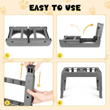 Підвищений годівниця для собак та котів, 2-в-1, 4 регульовані висоти, підставка Anti-Slip з нержавіючою чашею, сірий, 44 x 24 x 8 см