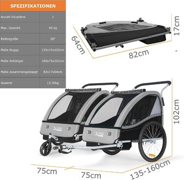 Дитячий причіп Tiggo VS 2 в 1: велосипедний причіп та коляска-візок, сірий
