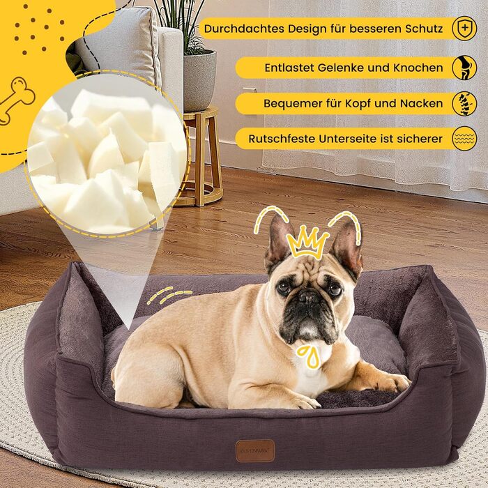 Ортопедичне ліжко для собак середніх та великих порід, 84x66x19 см, супер м'яке та затишне, кошик для собак з високим бортиком, знімний та пральний чохол, неслизьке, темно-коричневе, для дому та автомобіля XL
