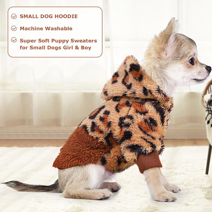 Світшот для собак з капюшоном з флісу, теплий одяг для маленьких собак, цуценят, Чихуахуа, Йоркширського тер'єра, котячий одяг (леопард, розмір XXS)