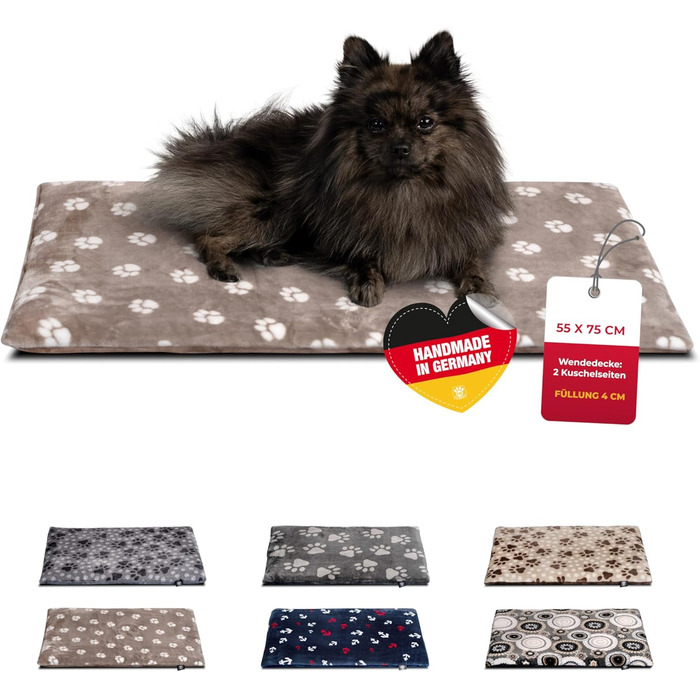 Підстилка для собак XS (45x65 см) – Двостороння та зручна з наповнювачем 3 см – Ідеально для дивану, авто та переноски – Виготовлено в Німеччині (55 x 75 см, Лапка Бежева)