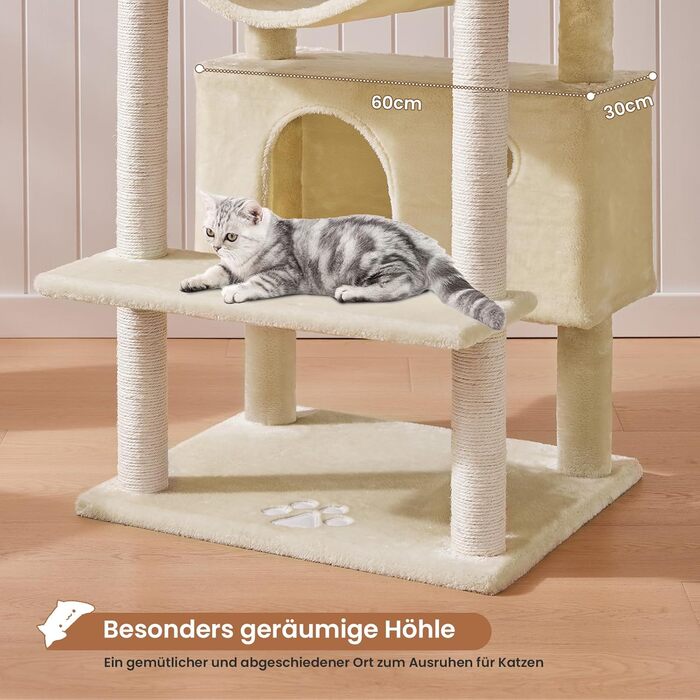 MSmask Котячий будиночок-когтеточка великий, 194 см, XXL, з 3 платформами, 2 печерами, сизалевими стовпами, гамаком, когтеточкою з рампою