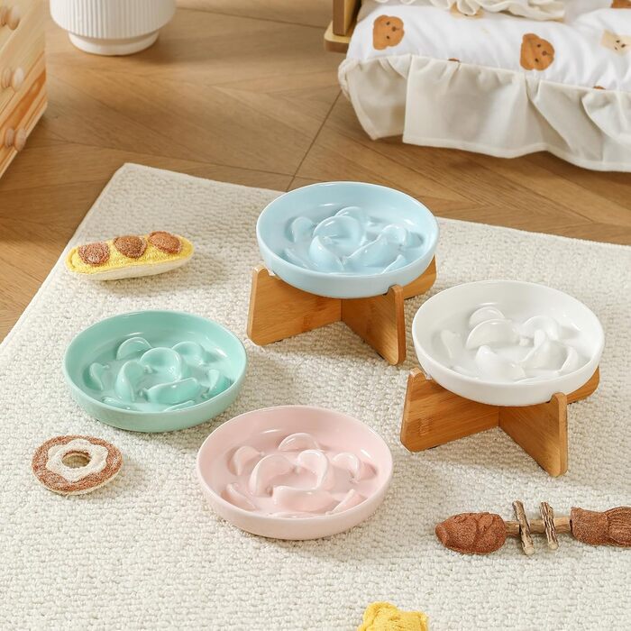 Антислизький годівниця для котів з кераміки з металевим підставкою - Підвищена годівниця проти захлинування - Лабіринтова миска для повільного годування - Рожевий (миска + бамбук - білий)